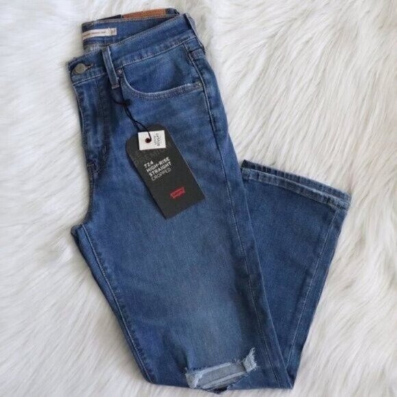 NWT Levis 724  Jeans Size 27 High Rise Straight Leg Cropped Distressed Blue - Picture 3 of 8